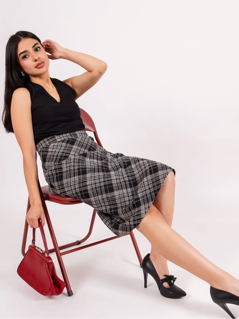 Ann Taylor Factory Black and Gray Plaid A-Line Skirt